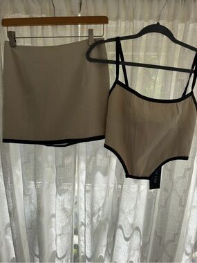 Beige Two-Piece Top & Mini Skirt Set with Black Trim